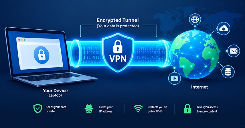 what is a vpn online privacy guide feature img Illustration of a VPN creating an encrypted tunnel between a laptop and the internet